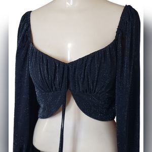 PRIVY | Women Ruched Sheer Metallic Long Sleeve Crop Top Blouse Size Large